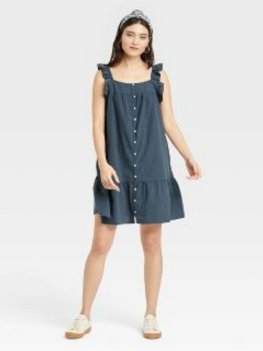 UNIVERSAL THREAD Flutter Sleeve Button-Front Mini Dress in Slate Blue